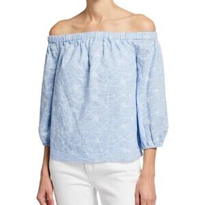NWT Milly Nova  Blue Off-Shoulder Eyelet Floral Embroidered Top
